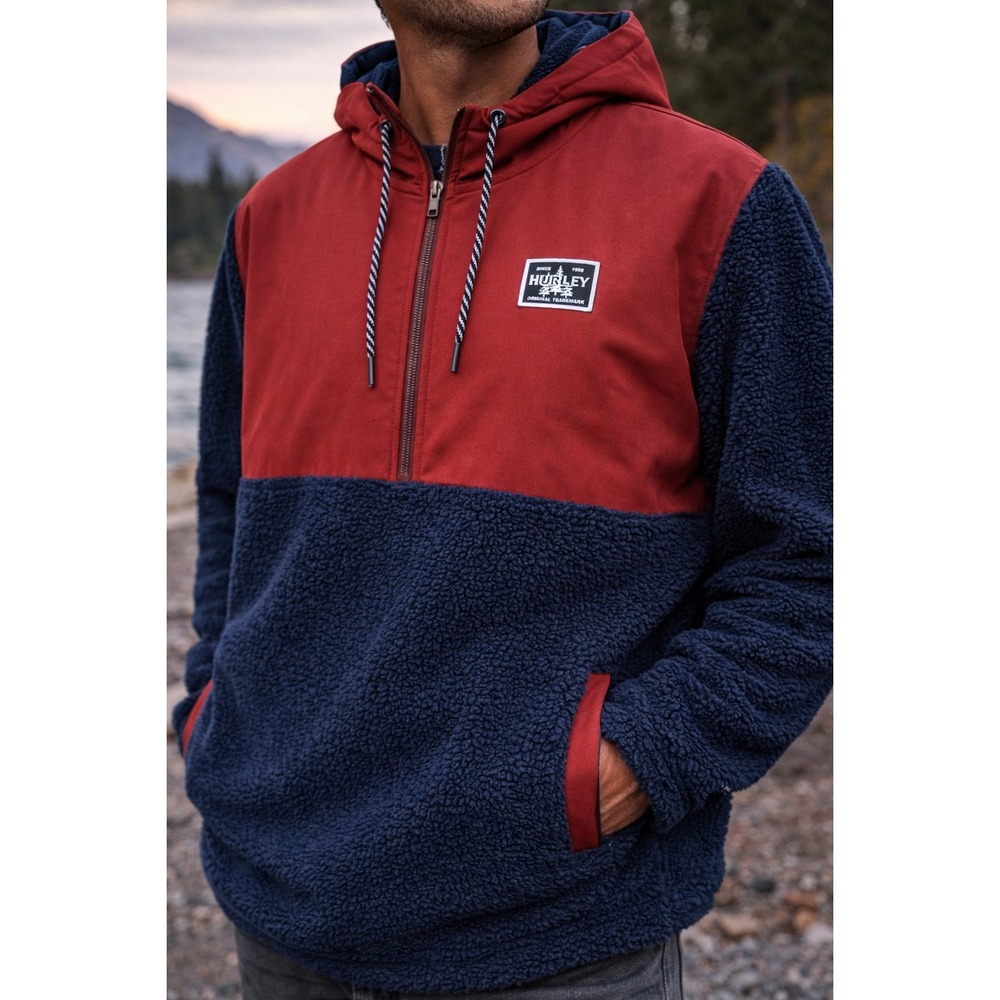 Hurley Sherpa Fleece Anorak Hoodie Mens‎ XXL Half Zip Pullover Jacket Cozy